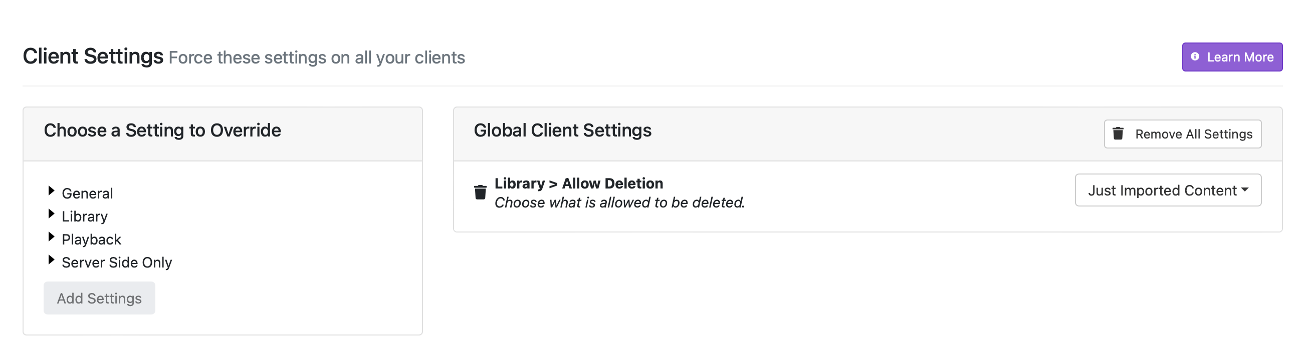 server side settings for delete
