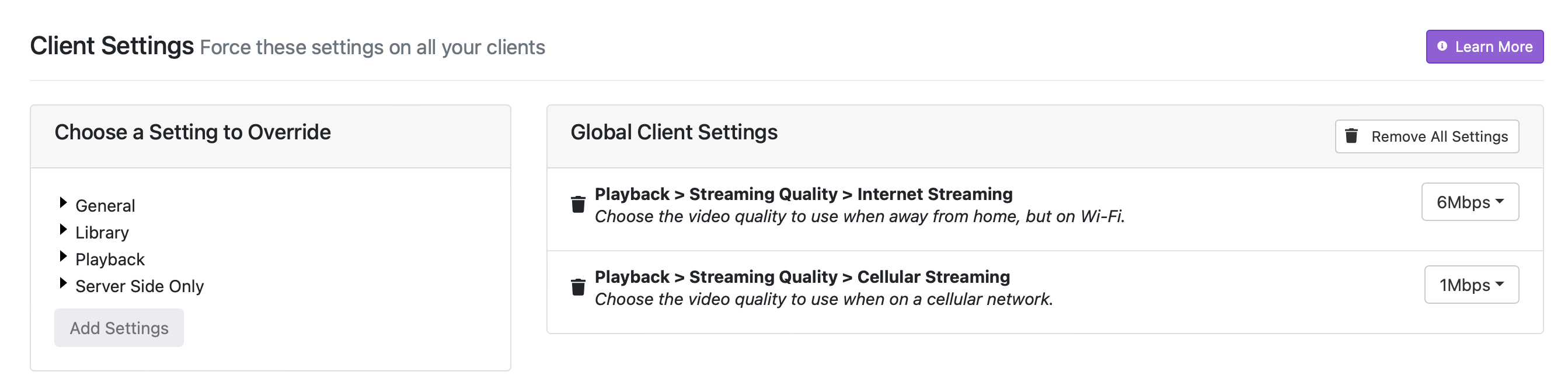 server side settings for streaming